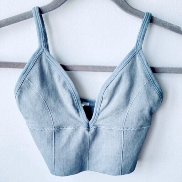 Popular Tik Tok Deep V Ribbed Semi Crop Bralette top - Picture 3 of 6
